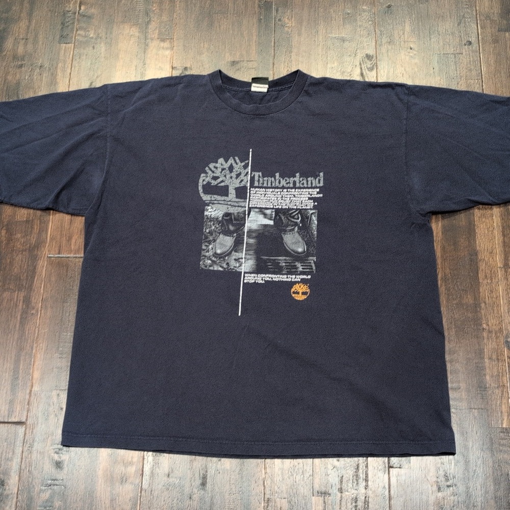 Timberland Graphic T Shirt‎ Mens XL Navy Blue Cotton Made in USA Boots Print